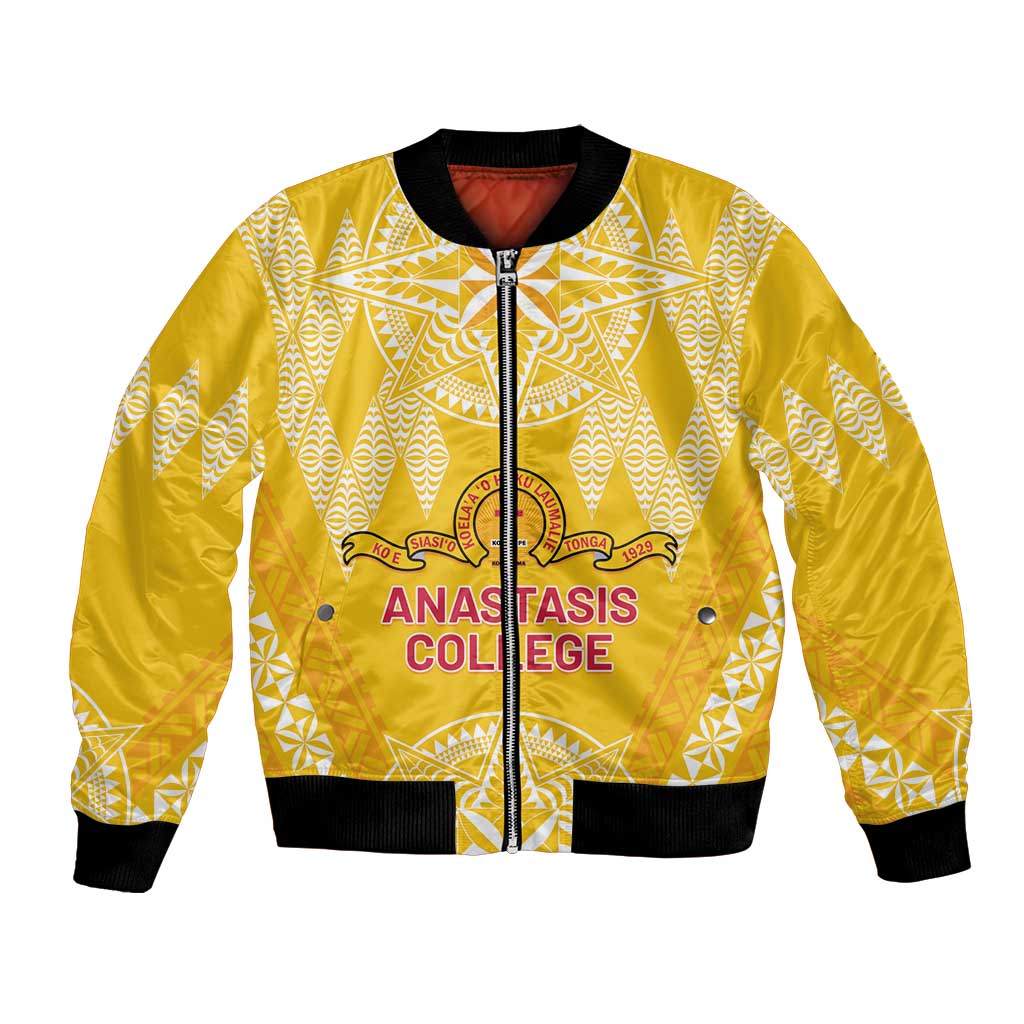 Personalised Anastasis College Bomber Jacket Tonga Ngatu Pattern LT05 Unisex Yellow - Polynesian Pride