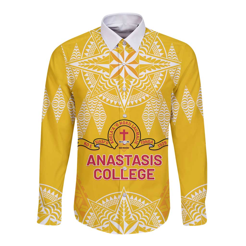 Personalised Anastasis College Long Sleeve Button Shirt Tonga Ngatu Pattern LT05 Unisex Yellow - Polynesian Pride