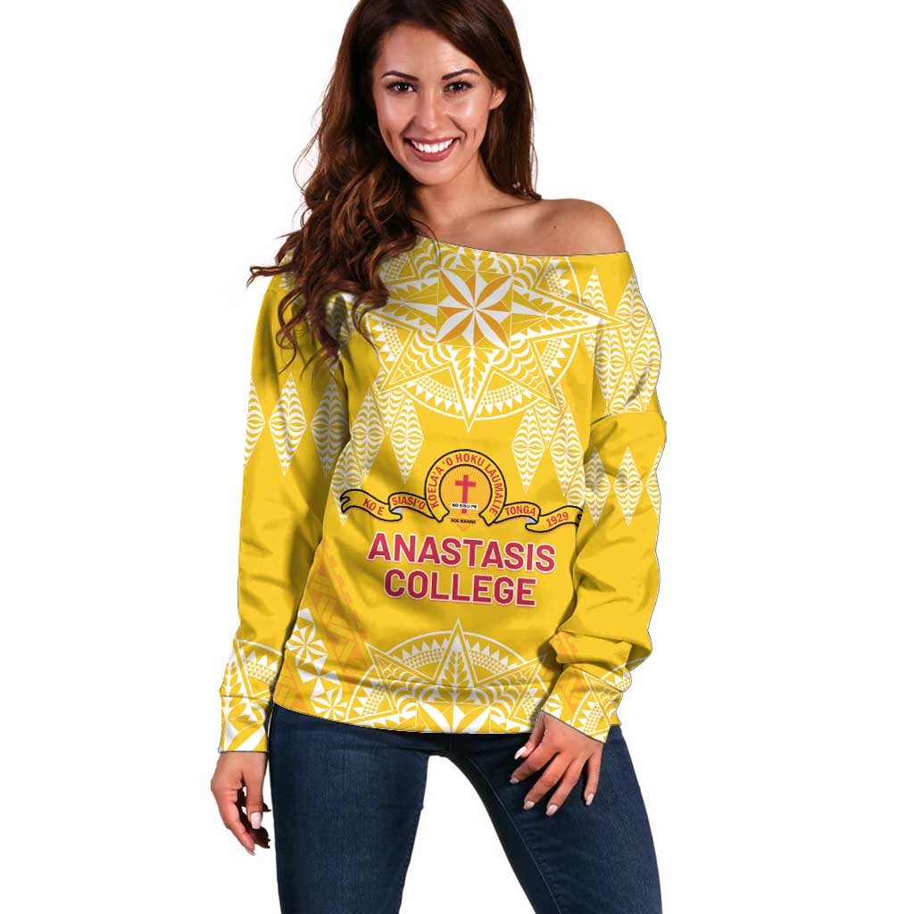 Personalised Anastasis College Off Shoulder Sweater Tonga Ngatu Pattern LT05 Women Yellow - Polynesian Pride