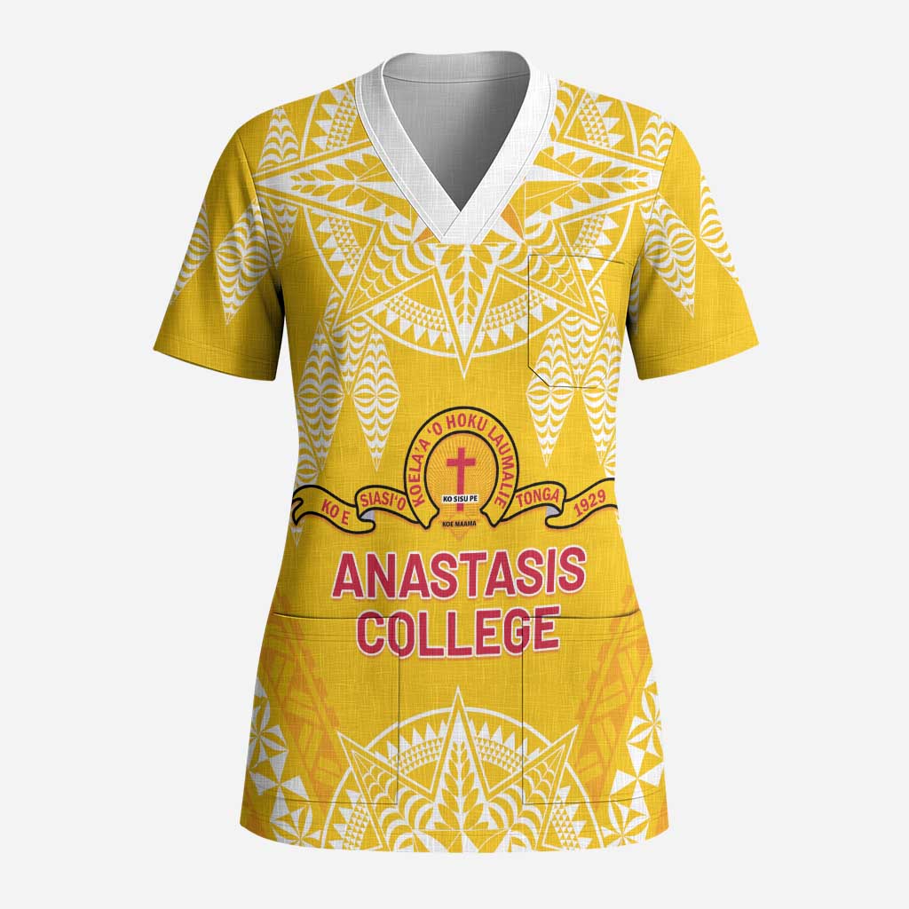 Personalised Anastasis College Scrub Top Tonga Ngatu Pattern LT05 Adult Yellow - Polynesian Pride