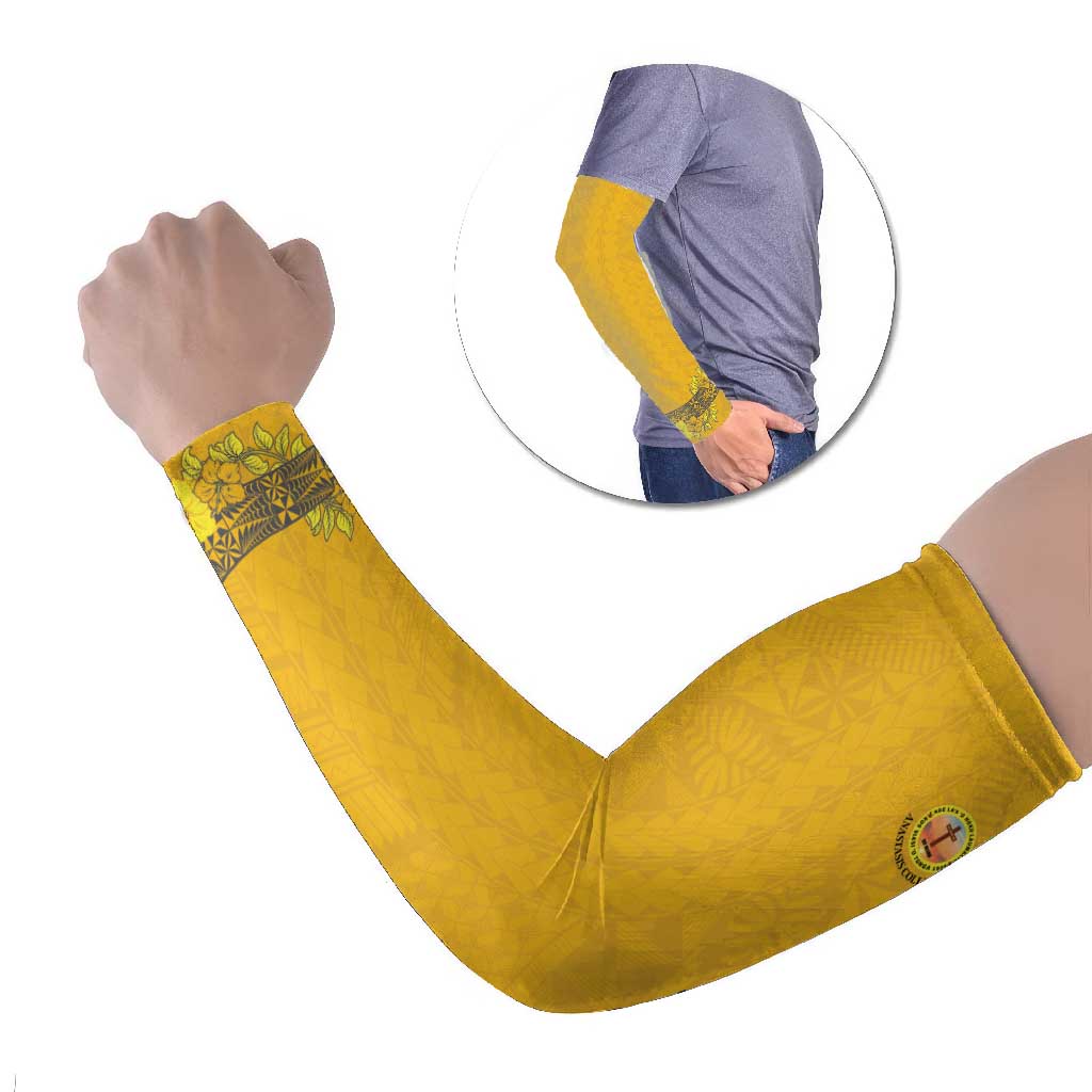 Tonga Anastasis College Arm Sleeves Tongan Ngatu Kupesi Pattern LT05 Set of 2 Yellow - Polynesian Pride