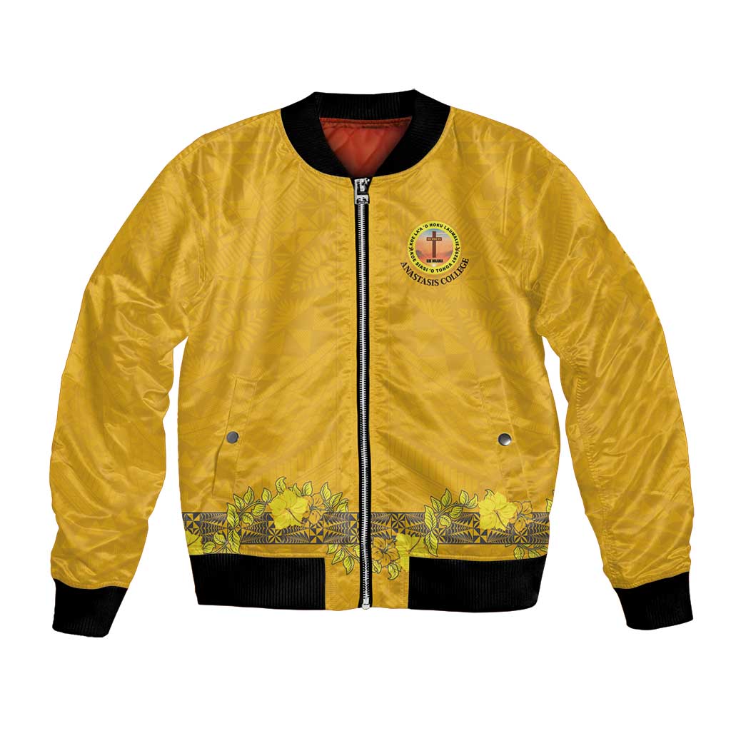 Tonga Anastasis College Bomber Jacket Tongan Ngatu Kupesi Pattern LT05 Unisex Yellow - Polynesian Pride