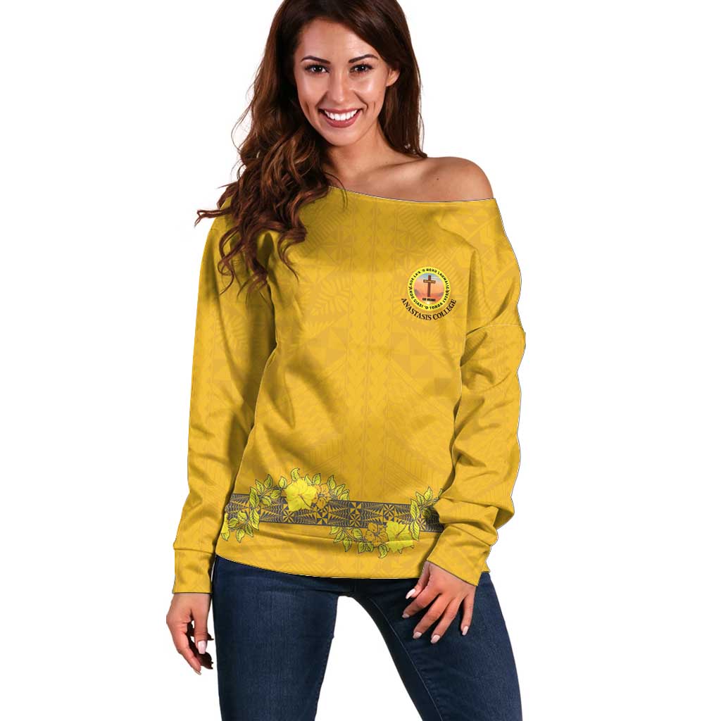 Tonga Anastasis College Off Shoulder Sweater Tongan Ngatu Kupesi Pattern LT05 Women Yellow - Polynesian Pride