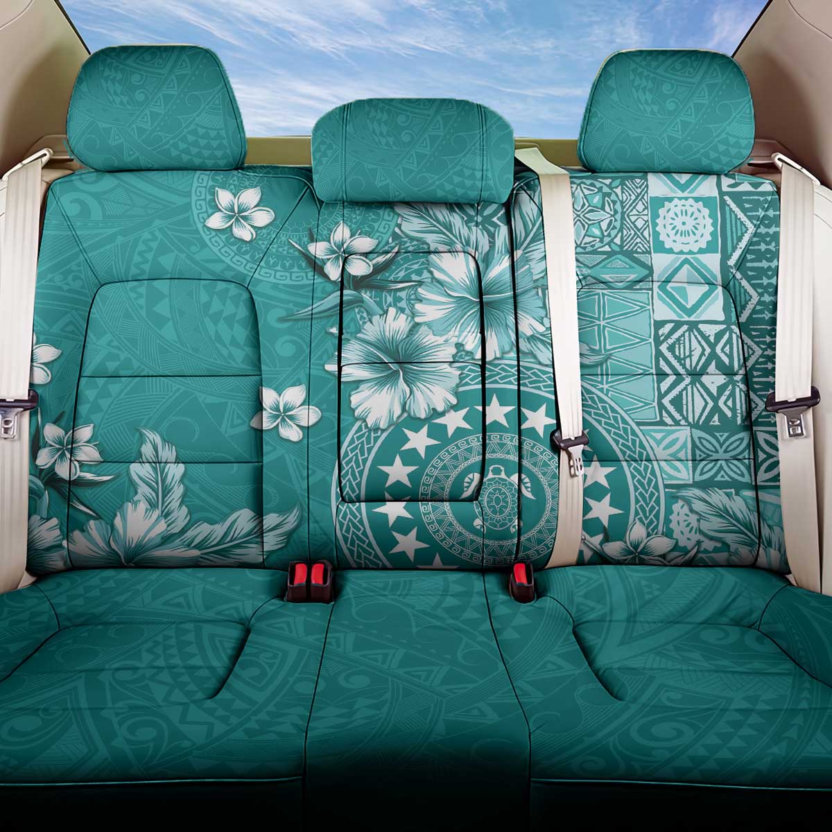 Cook Islands Back Car Seat Cover Teal Hibiscus And Stars LT05 One Size Teal - Polynesian Pride