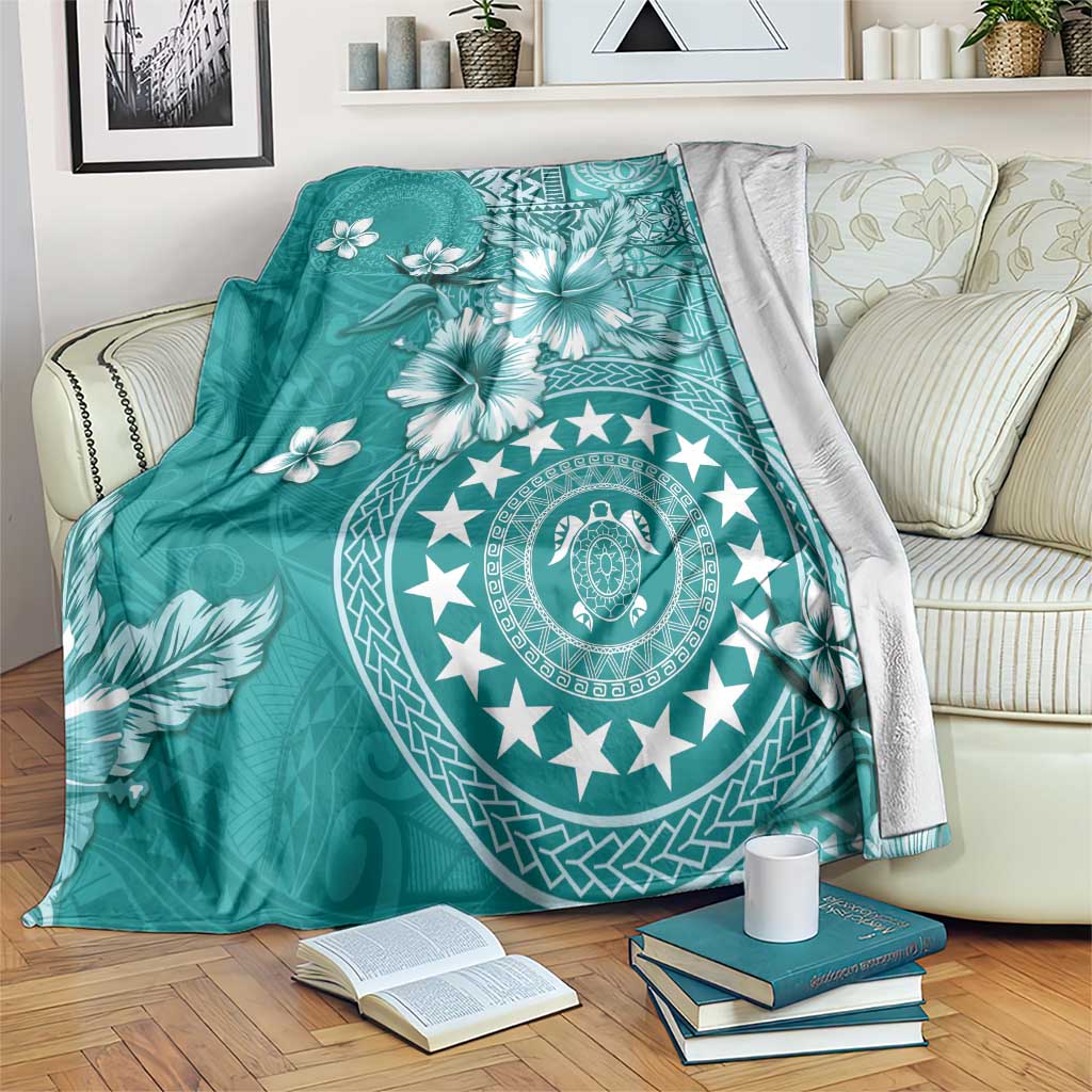 Cook Islands Blanket Teal Hibiscus And Stars LT05 Teal - Polynesian Pride