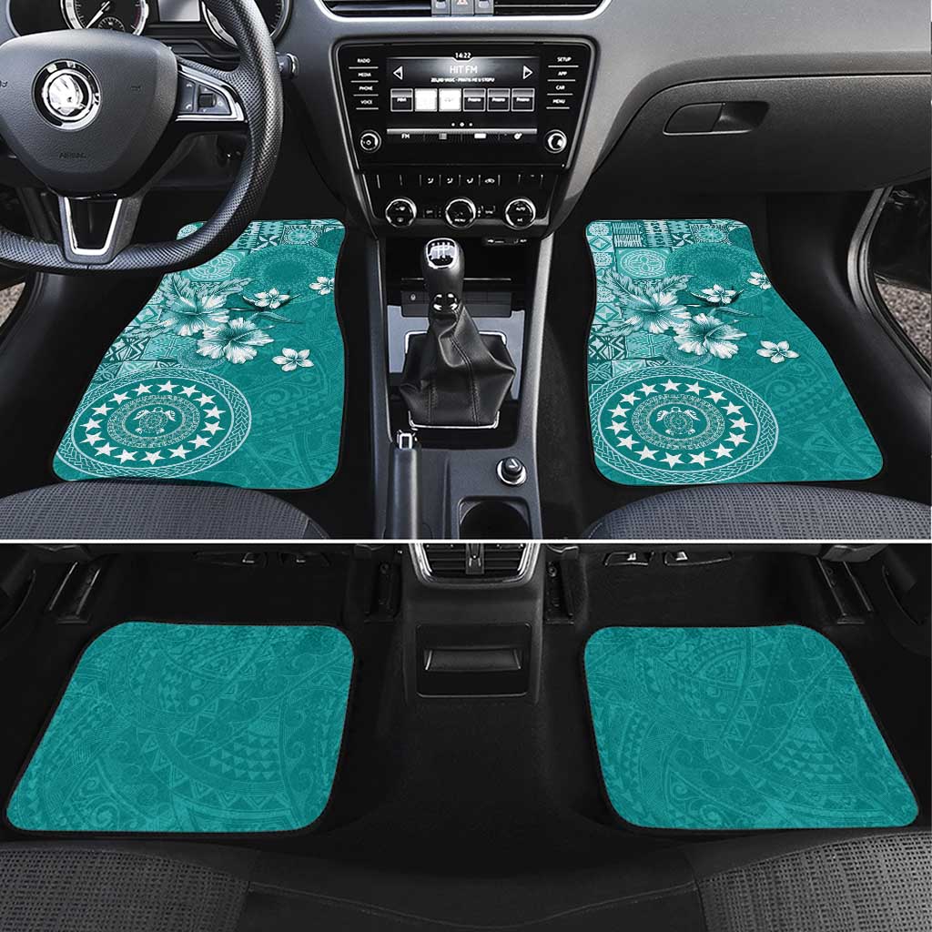 Cook Islands Car Mats Teal Hibiscus And Stars LT05 Set 4pcs Teal - Polynesian Pride