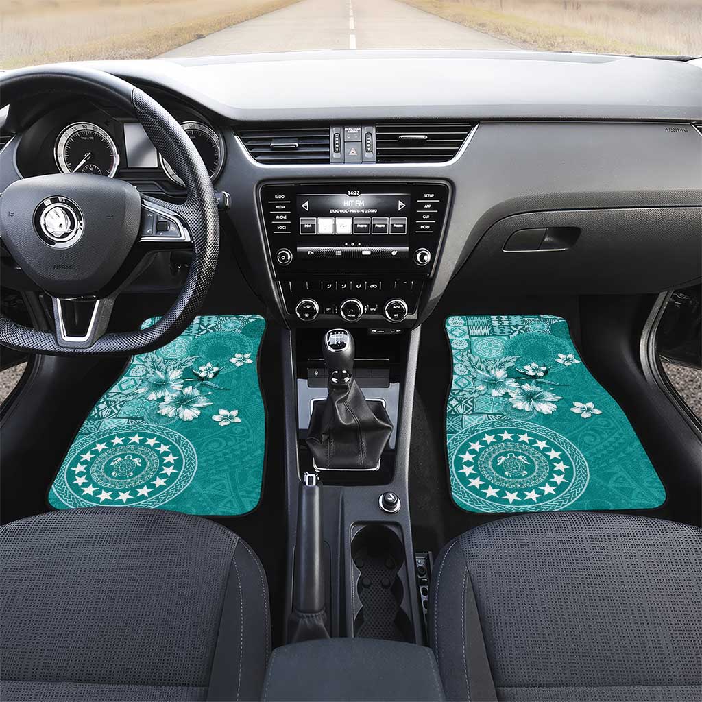 Cook Islands Car Mats Teal Hibiscus And Stars LT05 Set 2pcs - Front Teal - Polynesian Pride