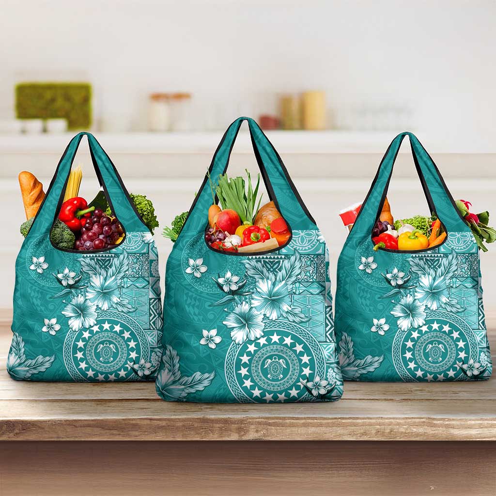 Cook Islands Grocery Bag Teal Hibiscus And Stars LT05 3-pack One Size Teal - Polynesian Pride