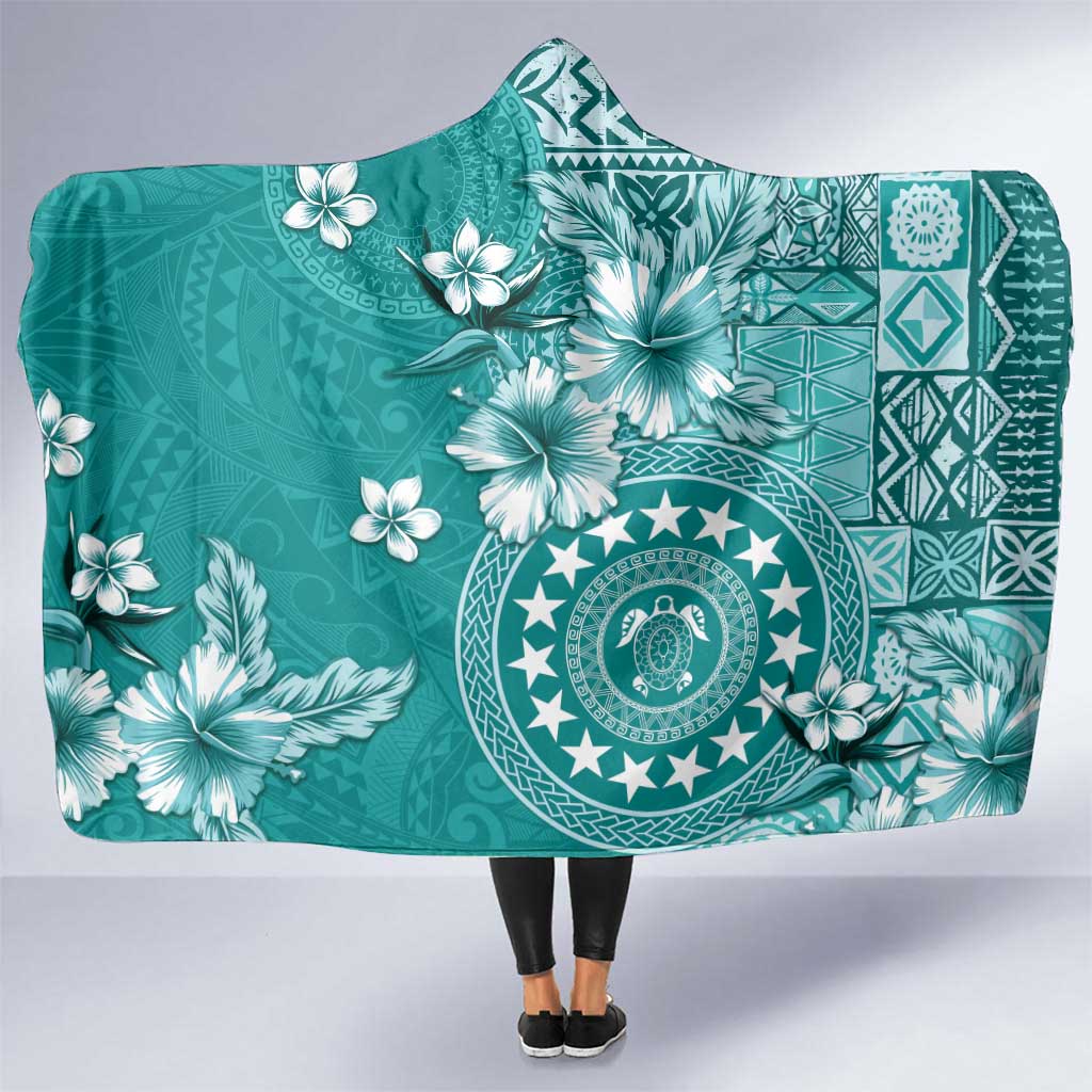 Cook Islands Hooded Blanket Teal Hibiscus And Stars LT05 One Size Teal - Polynesian Pride