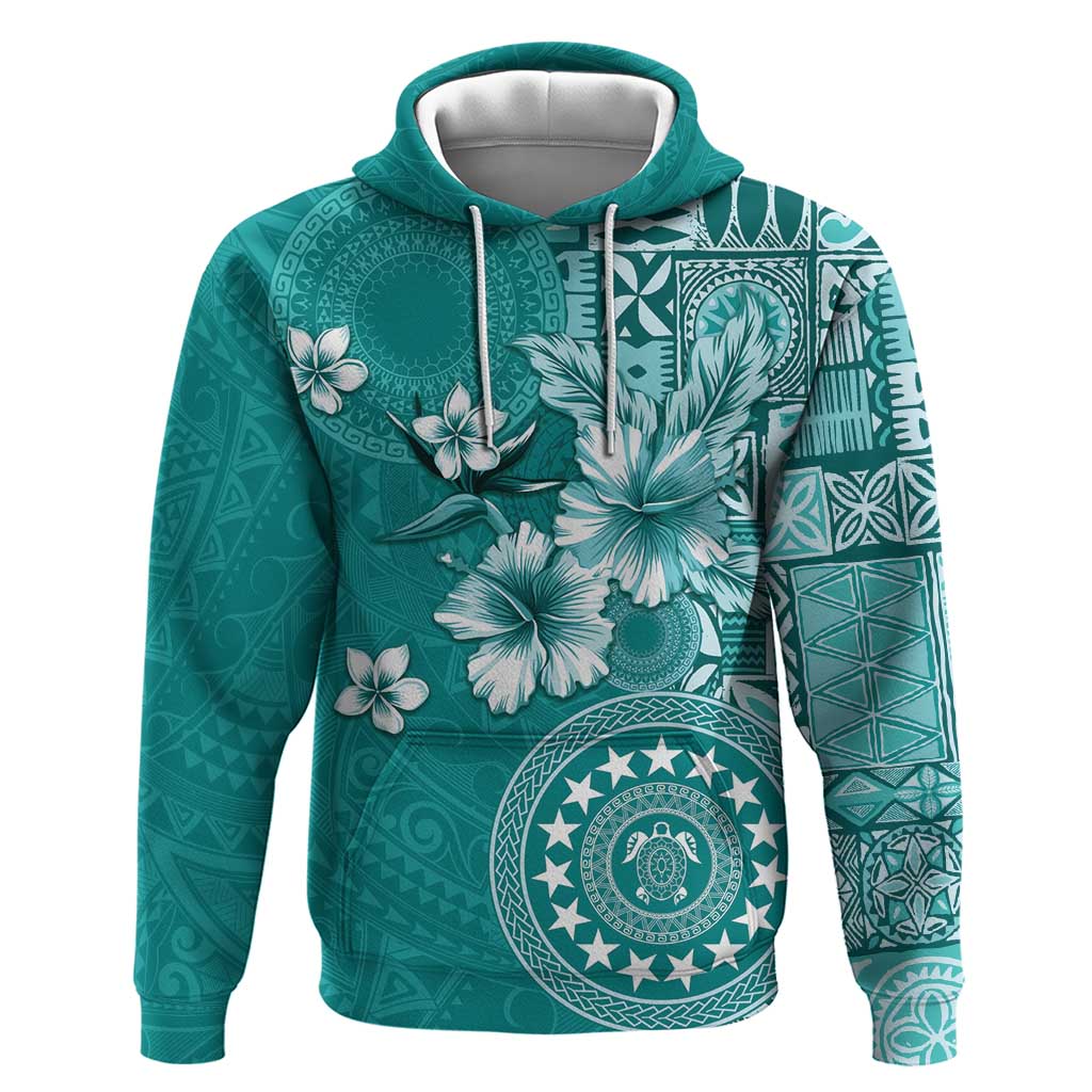 Cook Islands Hoodie Teal Hibiscus And Stars LT05 Pullover Hoodie Teal - Polynesian Pride