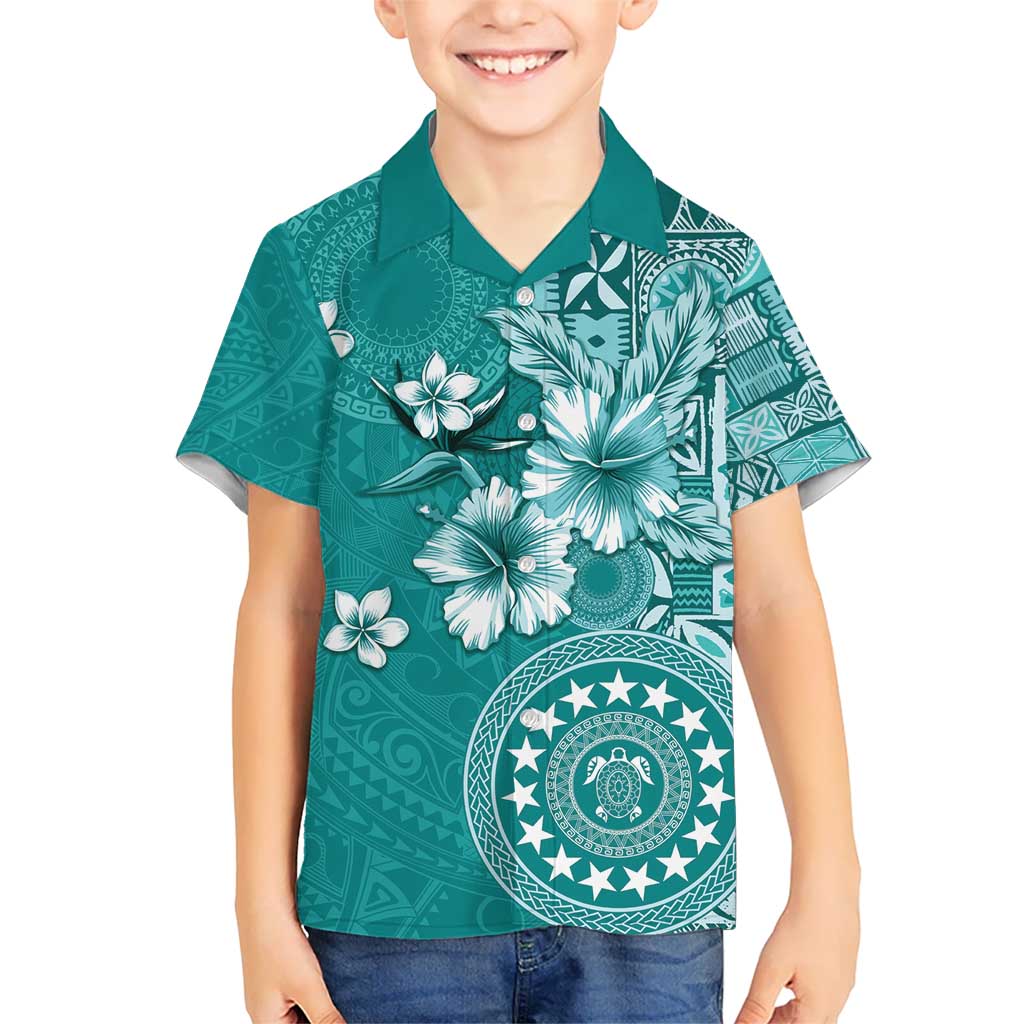 Cook Islands Kid Hawaiian Shirt Teal Hibiscus And Stars LT05 Kid Teal - Polynesian Pride