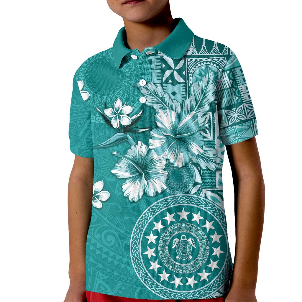Cook Islands Kid Polo Shirt Teal Hibiscus And Stars LT05 Kid Teal - Polynesian Pride