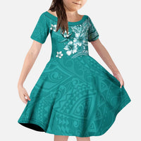 Cook Islands Kid Short Sleeve Dress Teal Hibiscus And Stars LT05 KID Teal - Polynesian Pride