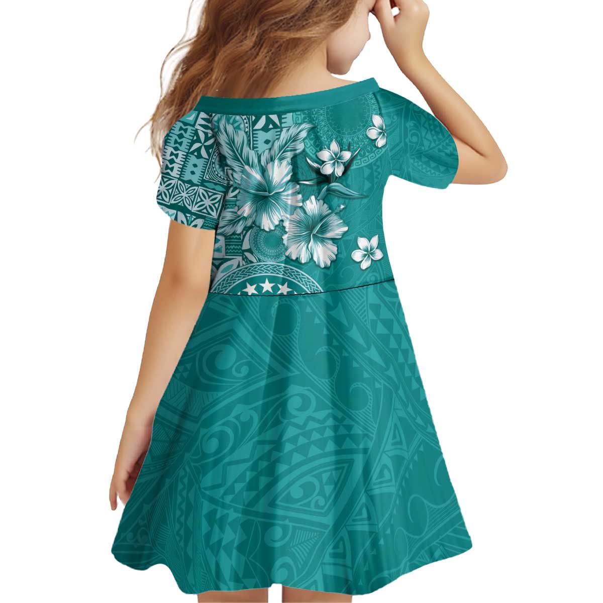 Cook Islands Kid Short Sleeve Dress Teal Hibiscus And Stars LT05 - Polynesian Pride