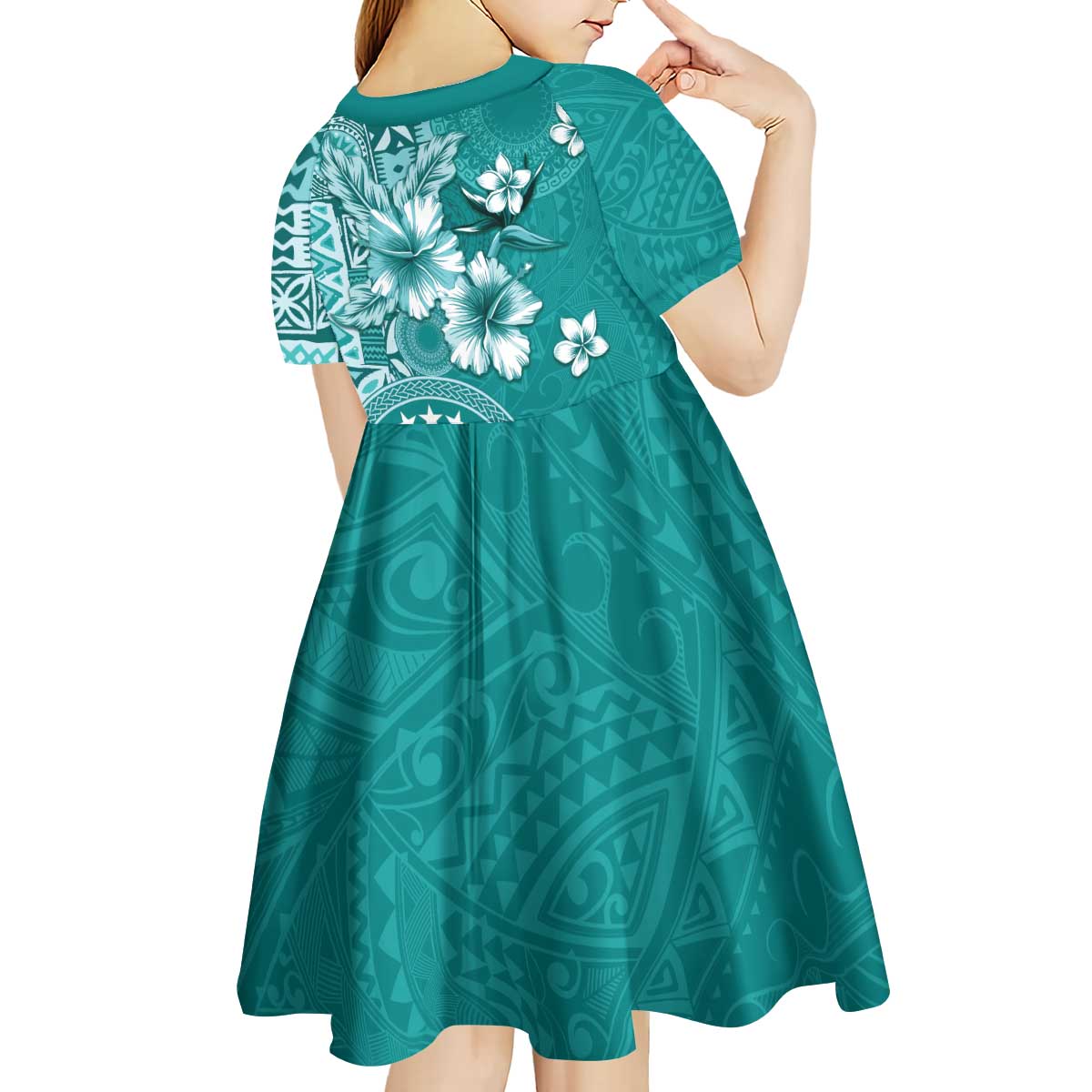 Cook Islands Kid Short Sleeve Dress Teal Hibiscus And Stars LT05 - Polynesian Pride