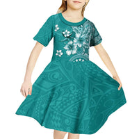 Cook Islands Kid Short Sleeve Dress Teal Hibiscus And Stars LT05 - Polynesian Pride