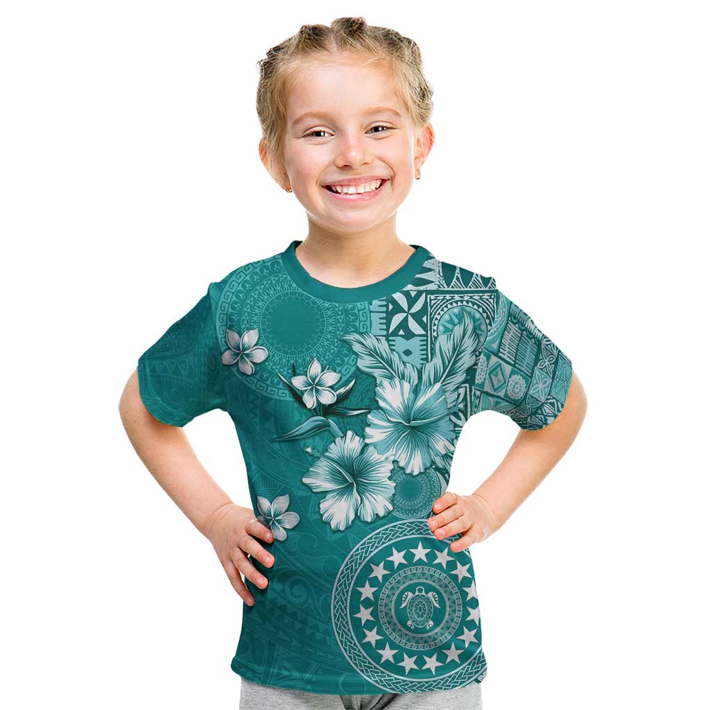 Cook Islands Kid T Shirt Teal Hibiscus And Stars LT05 Teal - Polynesian Pride