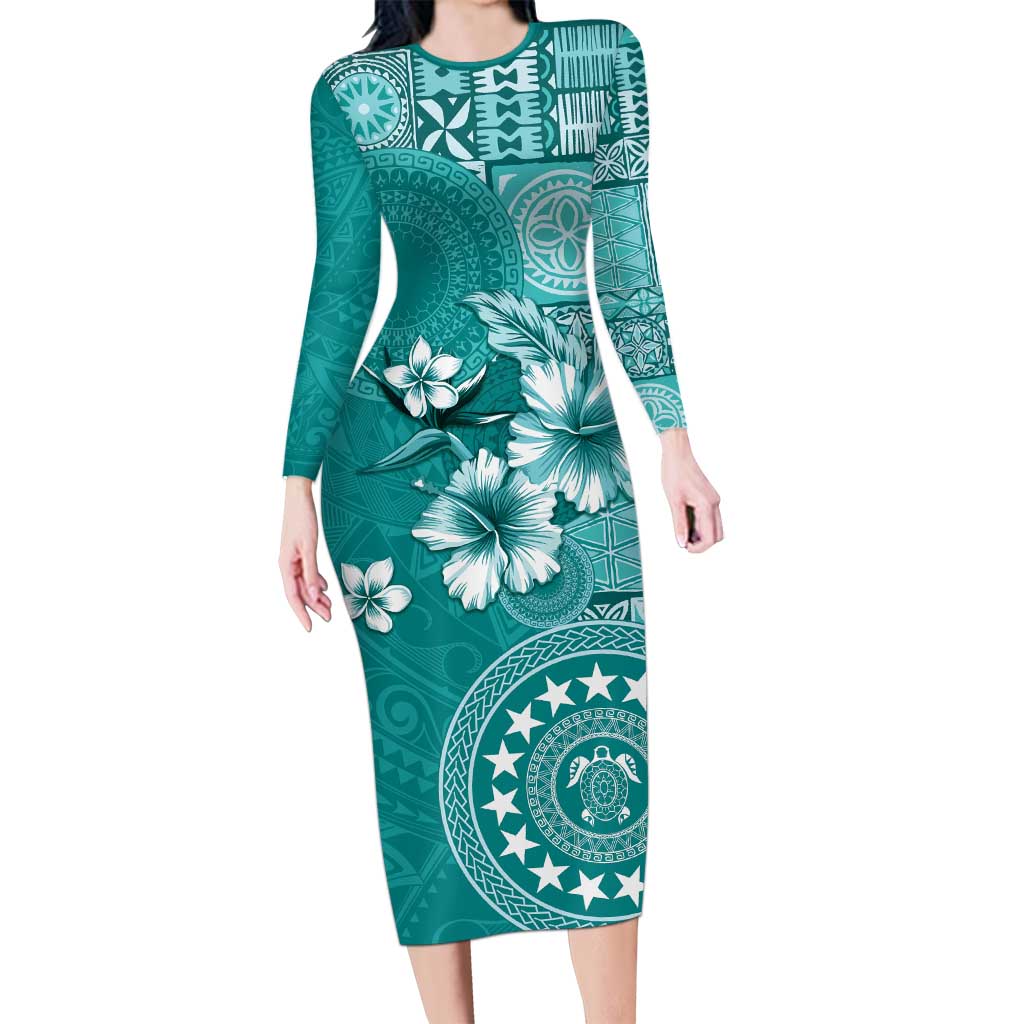 Cook Islands Long Sleeve Bodycon Dress Teal Hibiscus And Stars LT05 Long Dress Teal - Polynesian Pride
