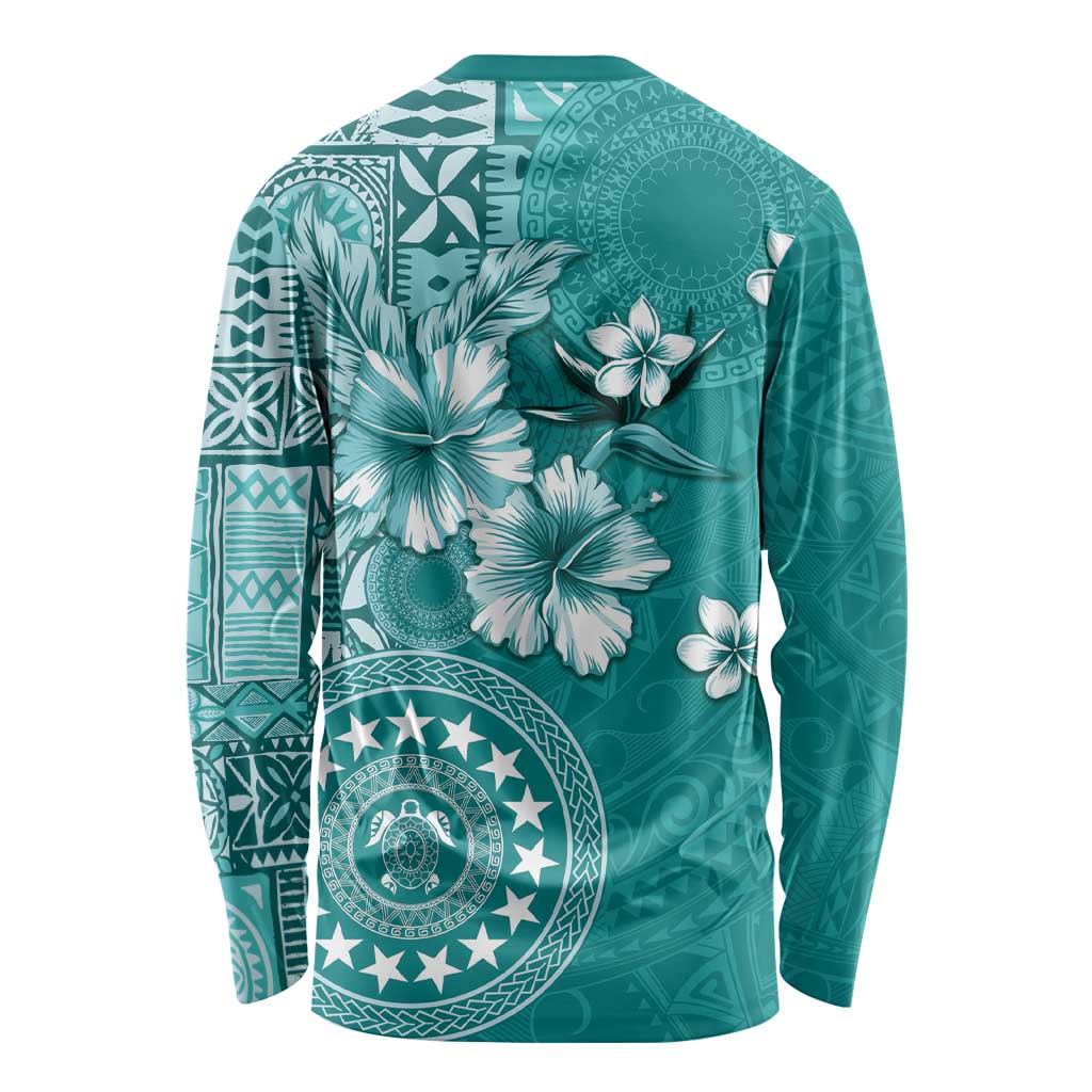 Cook Islands Long Sleeve Shirt Teal Hibiscus And Stars LT05 - Polynesian Pride