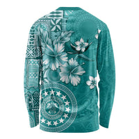 Cook Islands Long Sleeve Shirt Teal Hibiscus And Stars LT05 - Polynesian Pride