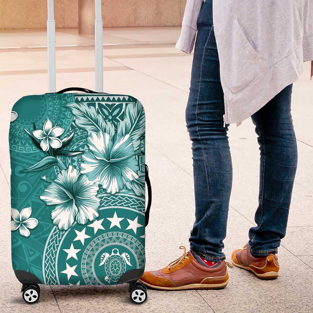 Cook Islands Luggage Cover Teal Hibiscus And Stars LT05 Teal - Polynesian Pride