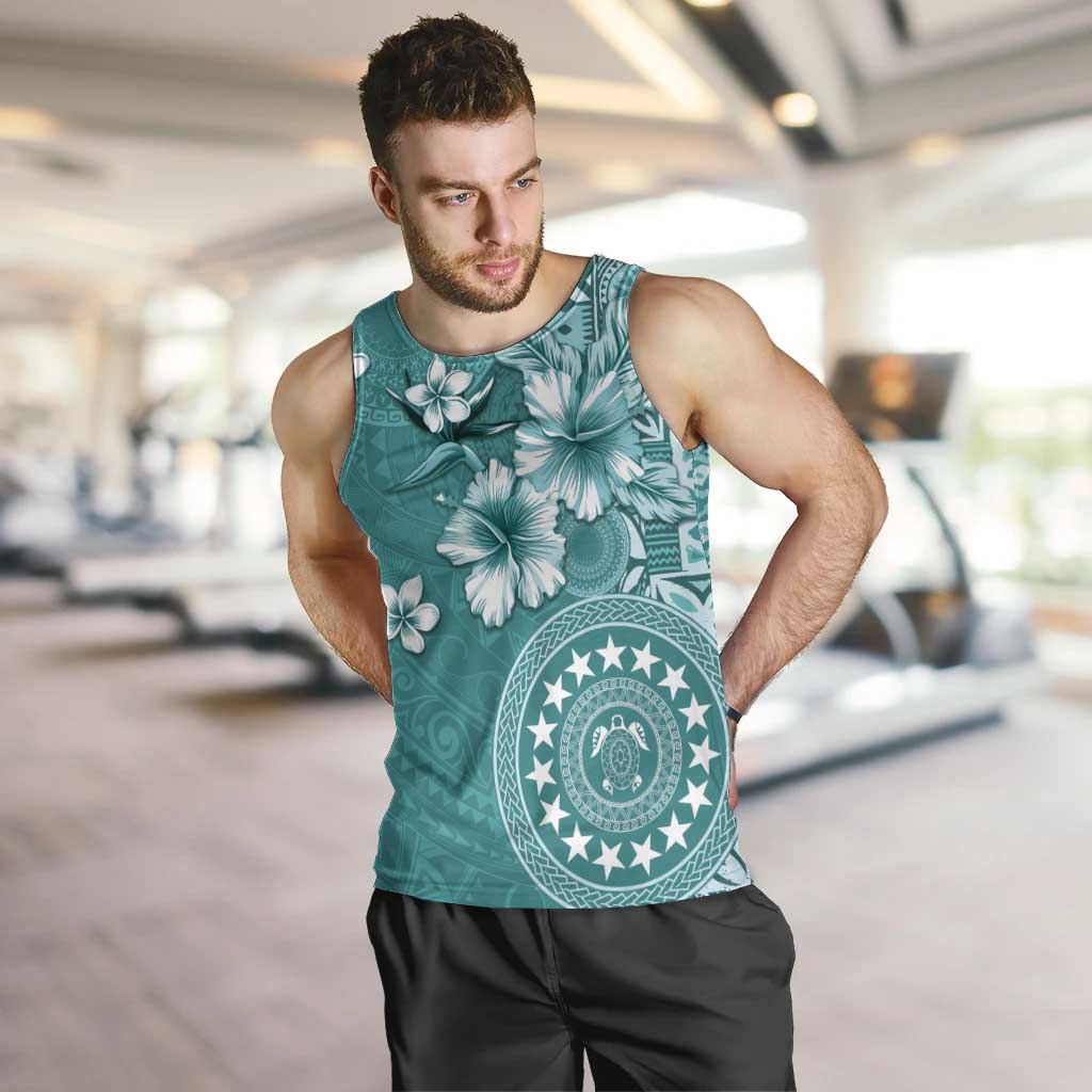 Cook Islands Men Tank Top Teal Hibiscus And Stars LT05 Teal - Polynesian Pride