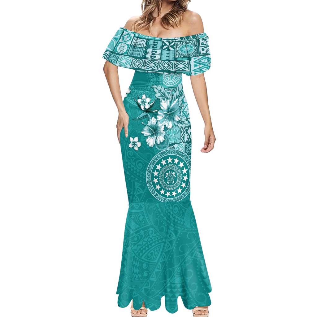 Cook Islands Mermaid Dress Teal Hibiscus And Stars LT05 - Polynesian Pride