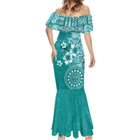 Cook Islands Mermaid Dress Teal Hibiscus And Stars LT05 - Polynesian Pride