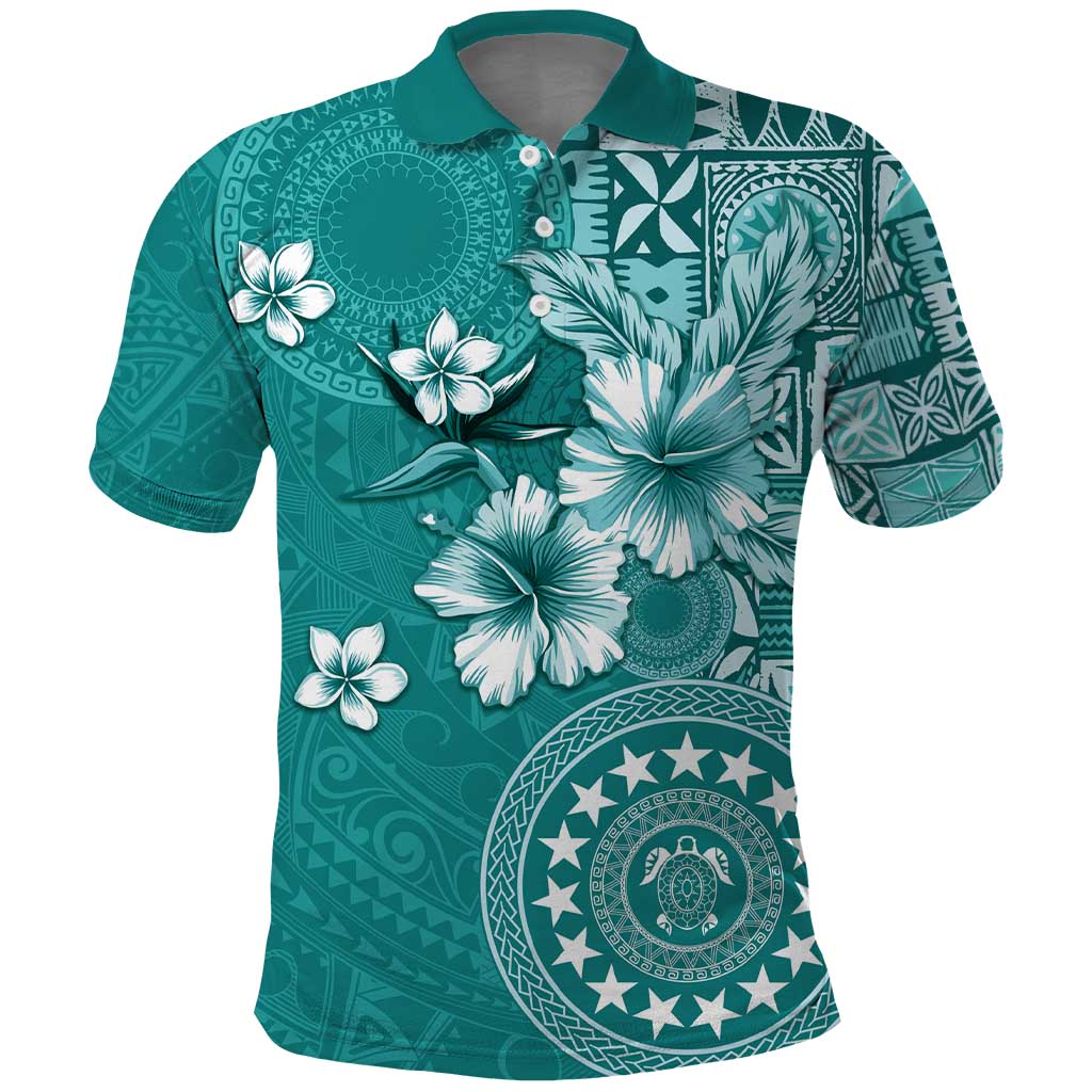 Cook Islands Polo Shirt Teal Hibiscus And Stars LT05 Teal - Polynesian Pride