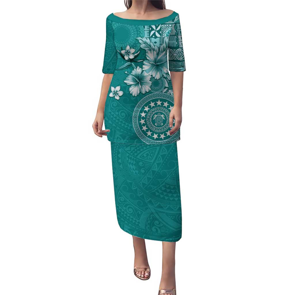 Cook Islands Puletasi Teal Hibiscus And Stars LT05 Long Dress Teal - Polynesian Pride