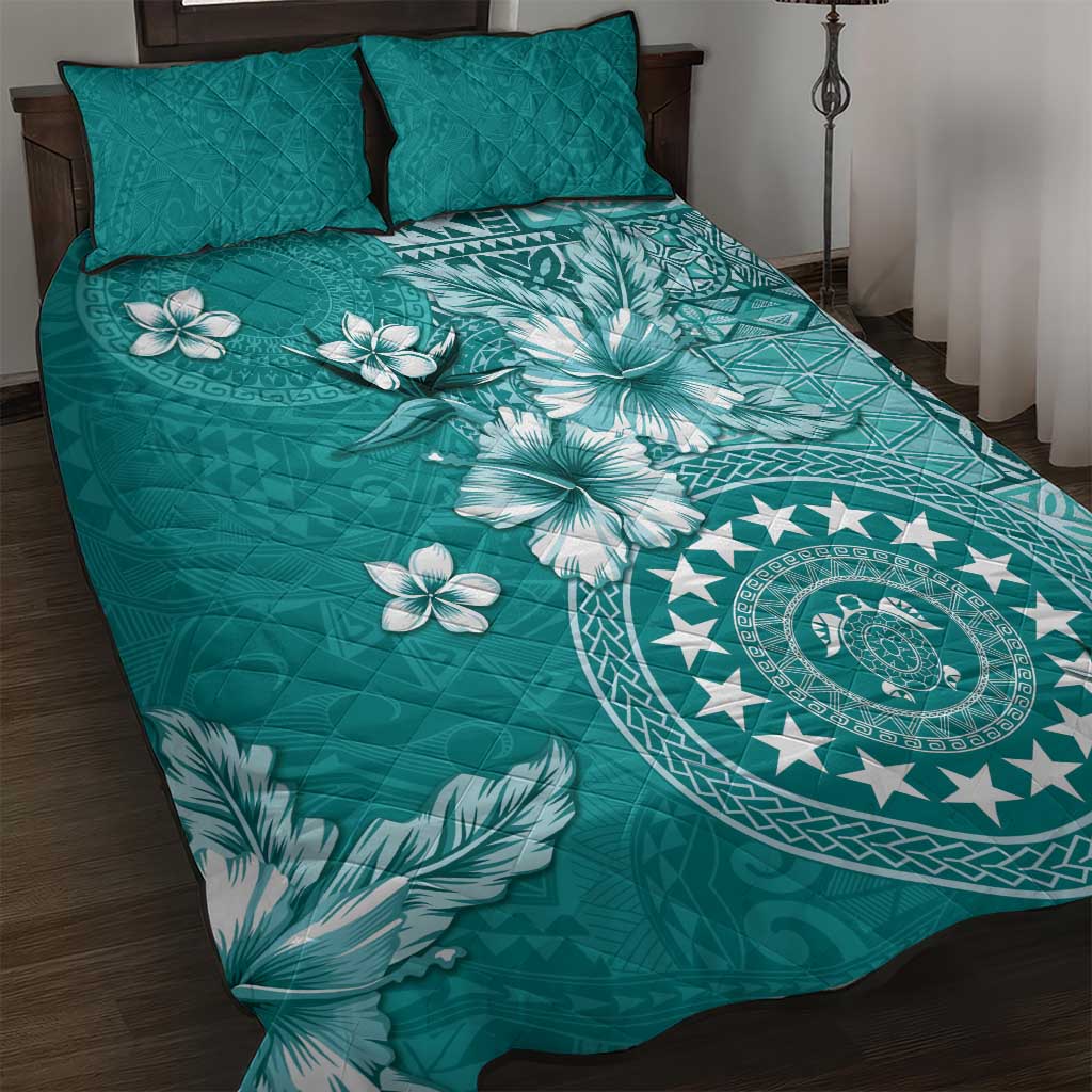 Cook Islands Quilt Bed Set Teal Hibiscus And Stars LT05 Teal - Polynesian Pride
