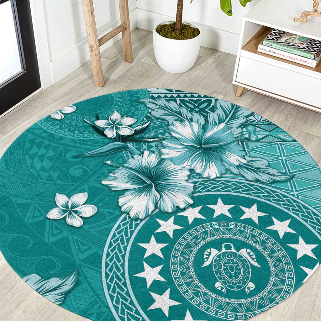 Cook Islands Round Carpet Teal Hibiscus And Stars LT05 Teal - Polynesian Pride