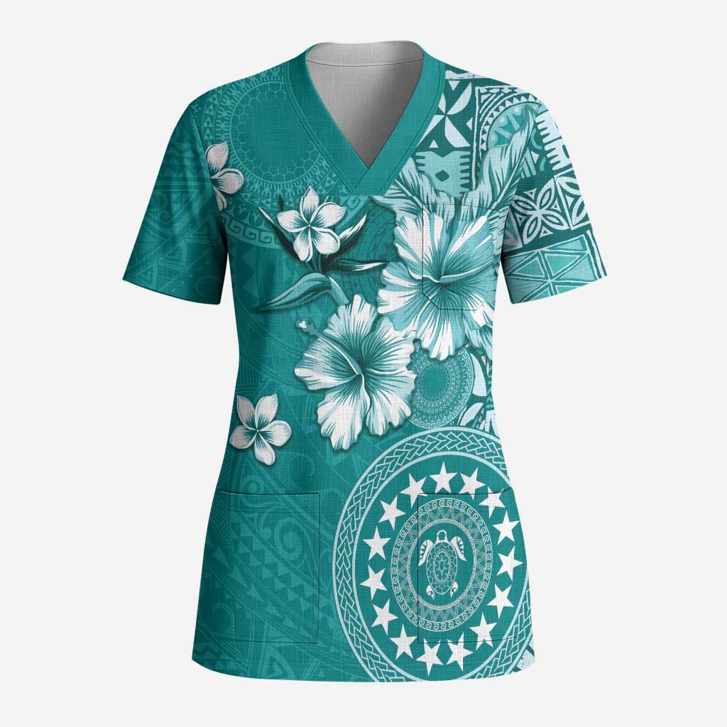 Cook Islands Scrub Top Teal Hibiscus And Stars LT05 Adult Teal - Polynesian Pride