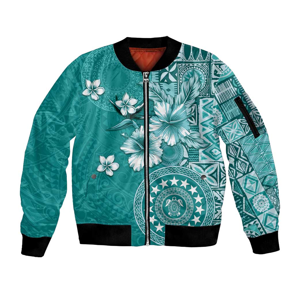 Cook Islands Sleeve Zip Bomber Jacket Teal Hibiscus And Stars LT05 Unisex Teal - Polynesian Pride