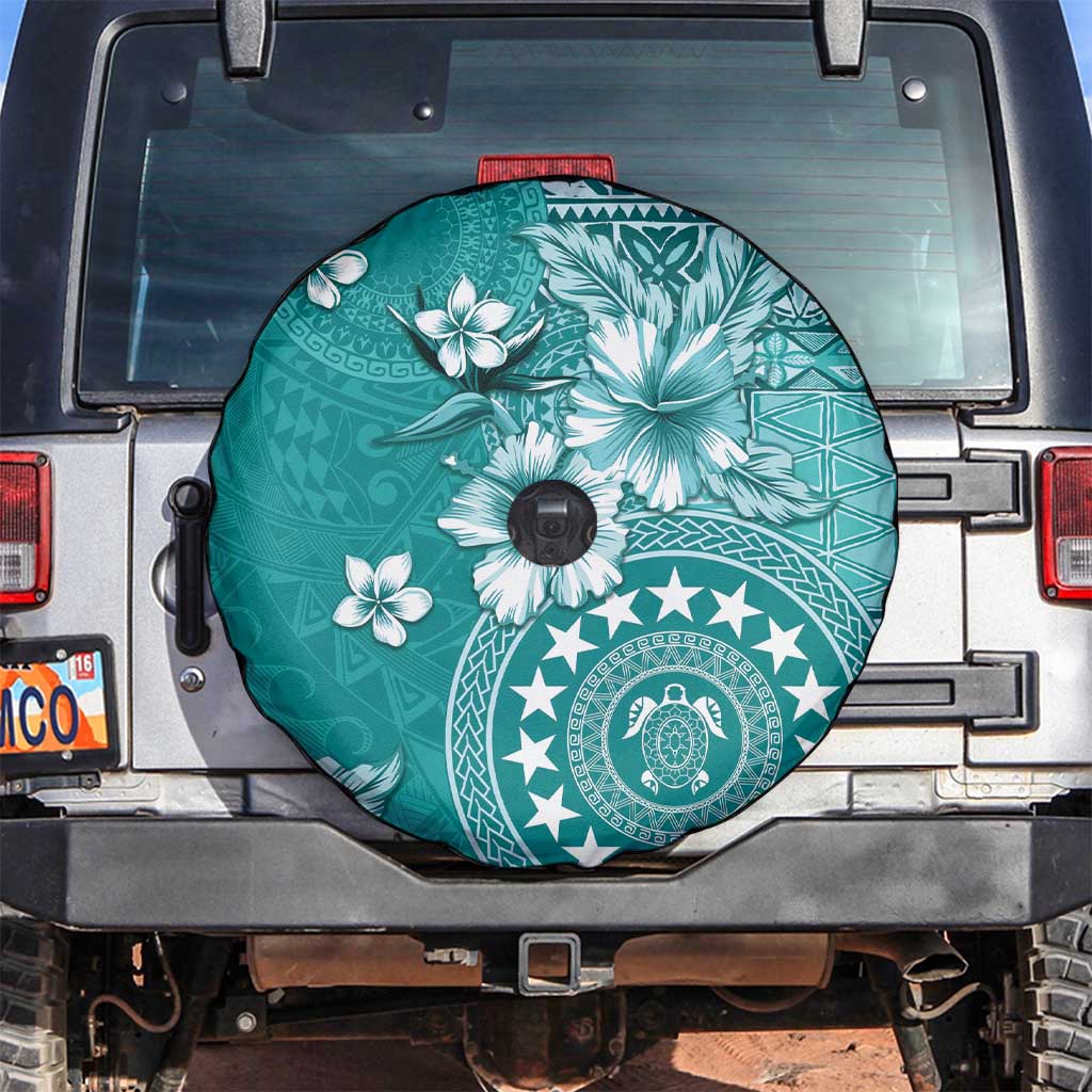 Cook Islands Spare Tire Cover Teal Hibiscus And Stars LT05 Teal - Polynesian Pride