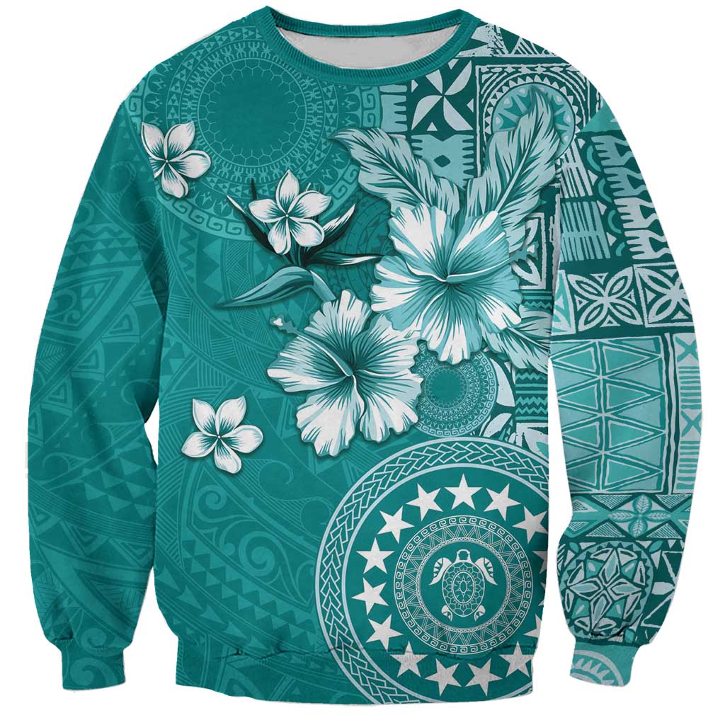Cook Islands Sweatshirt Teal Hibiscus And Stars LT05 Unisex Teal - Polynesian Pride