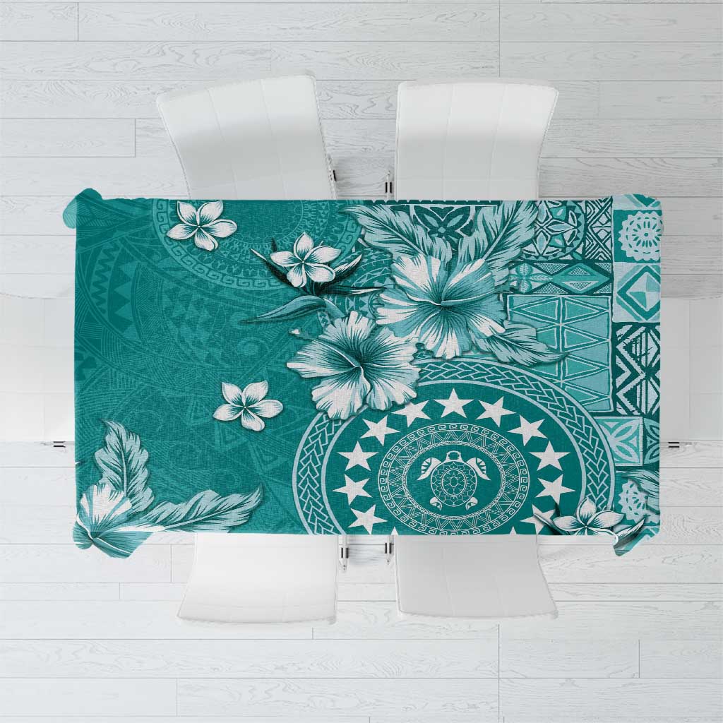 Cook Islands Tablecloth Teal Hibiscus And Stars LT05 Teal - Polynesian Pride