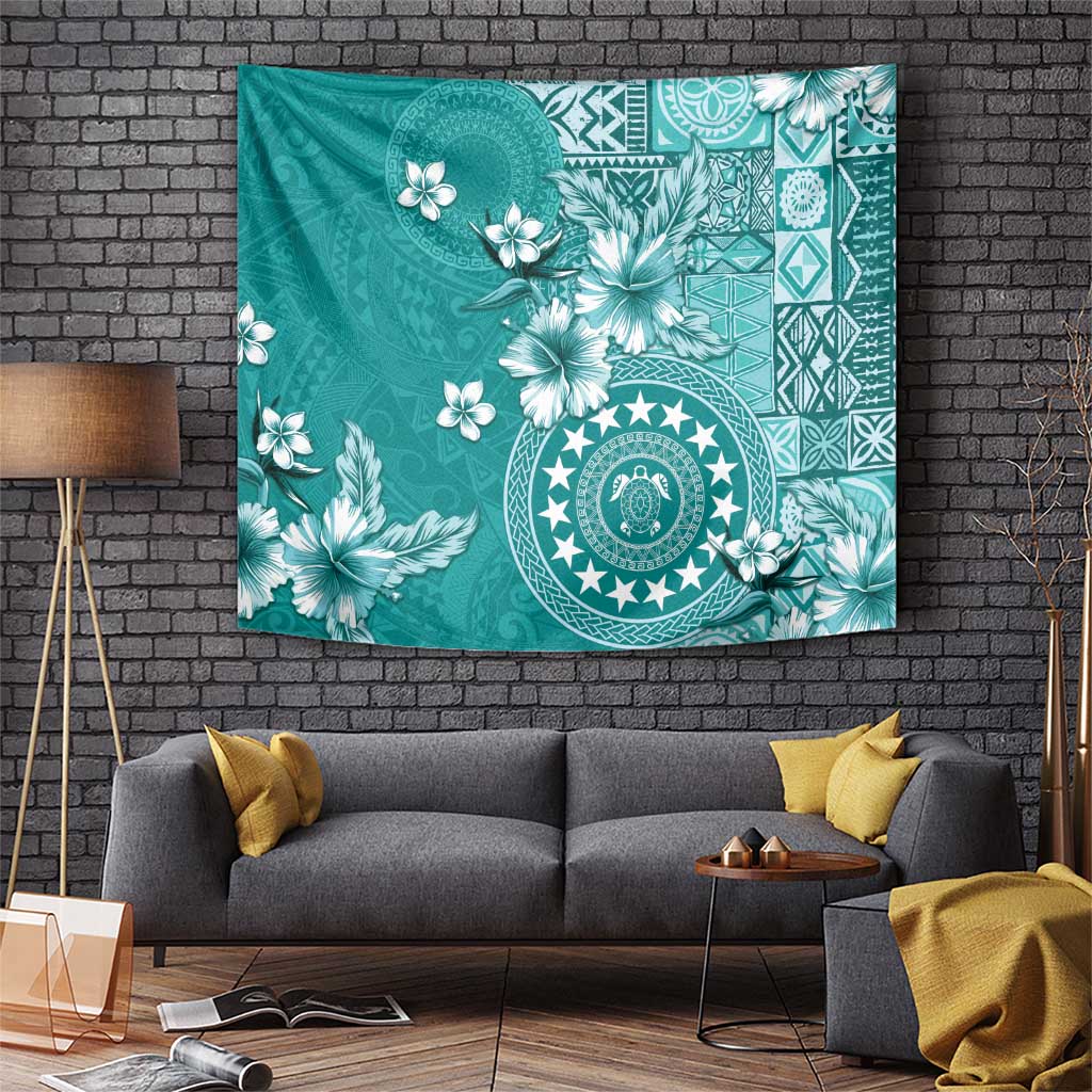 Cook Islands Tapestry Teal Hibiscus And Stars LT05 Teal - Polynesian Pride
