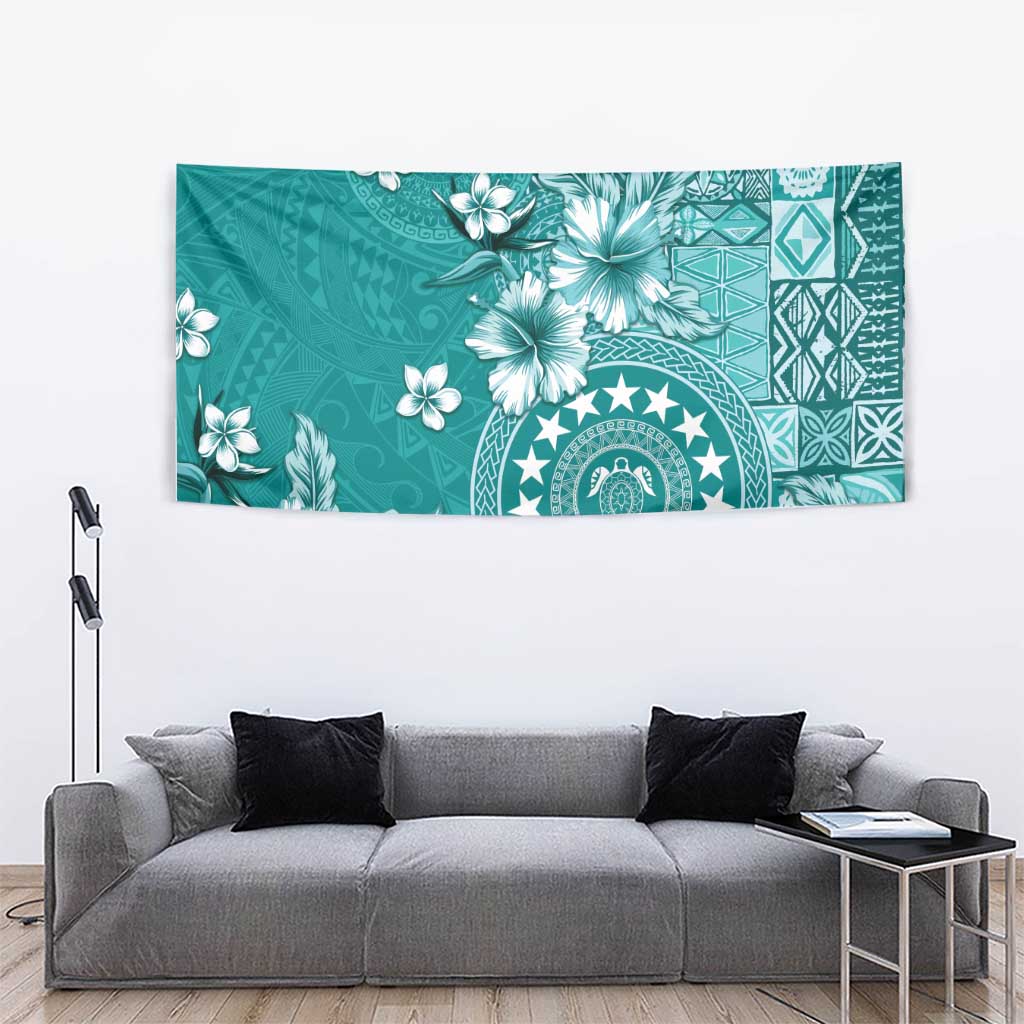 Cook Islands Tapestry Teal Hibiscus And Stars LT05 - Polynesian Pride