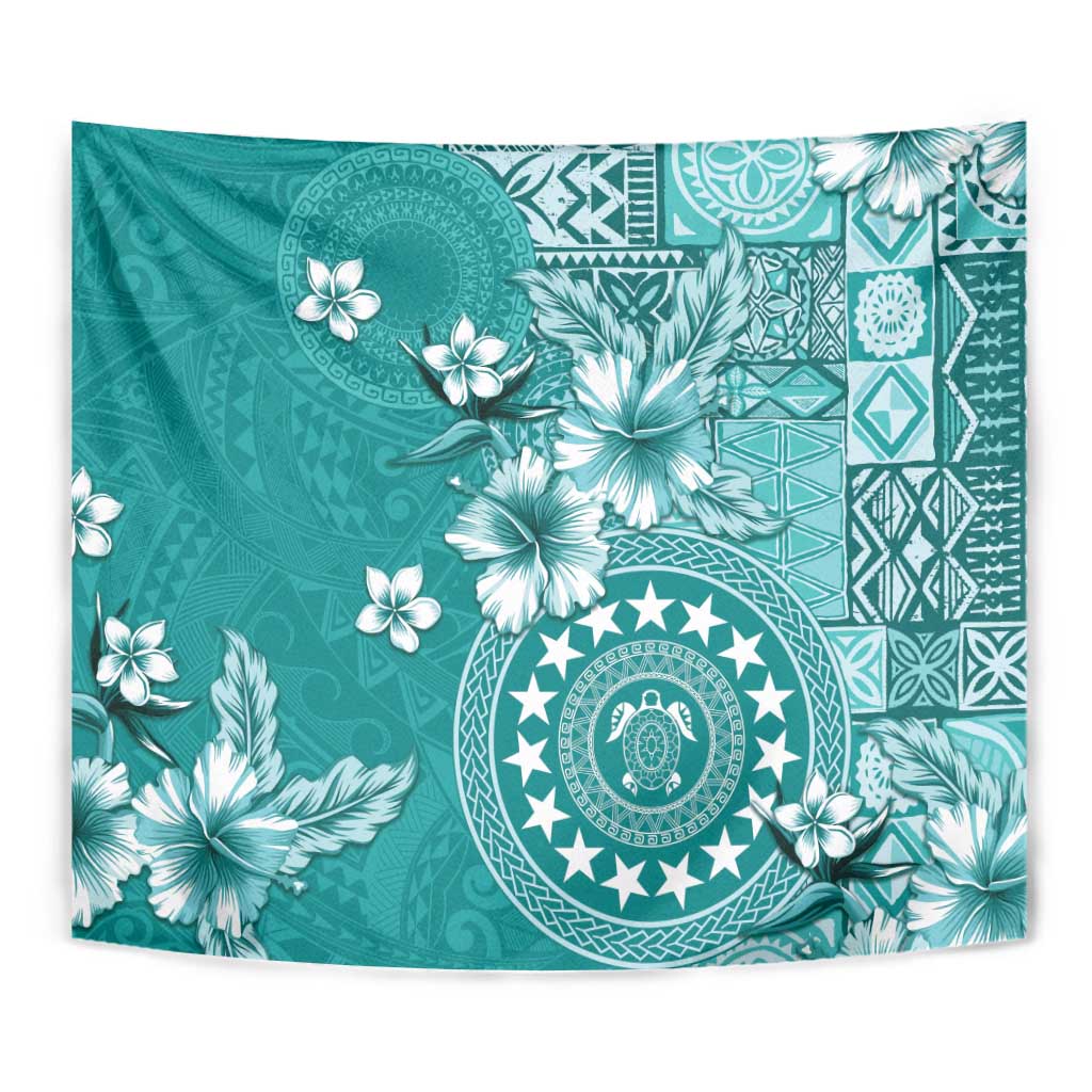 Cook Islands Tapestry Teal Hibiscus And Stars LT05 - Polynesian Pride