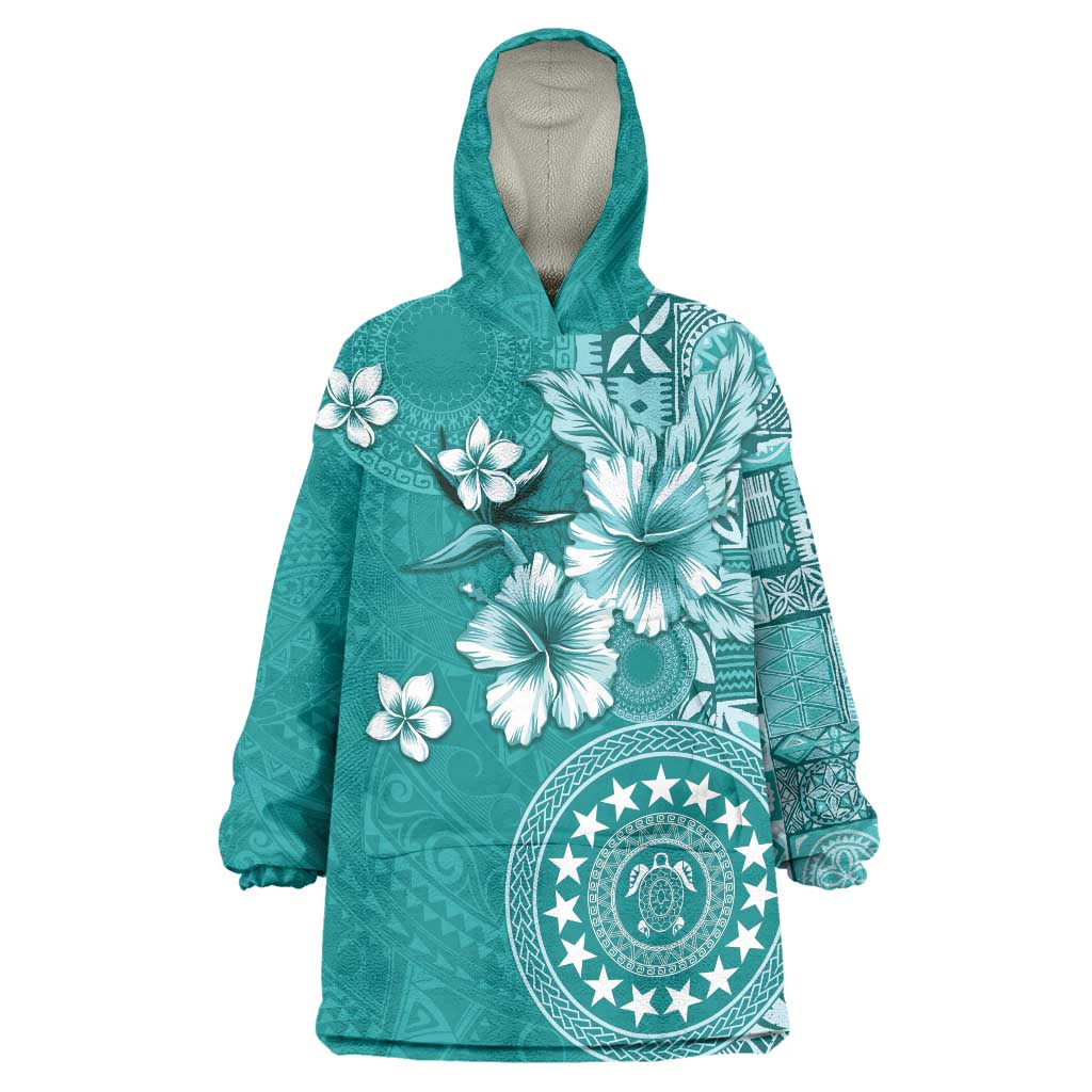 Cook Islands Wearable Blanket Hoodie Teal Hibiscus And Stars LT05 One Size Teal - Polynesian Pride