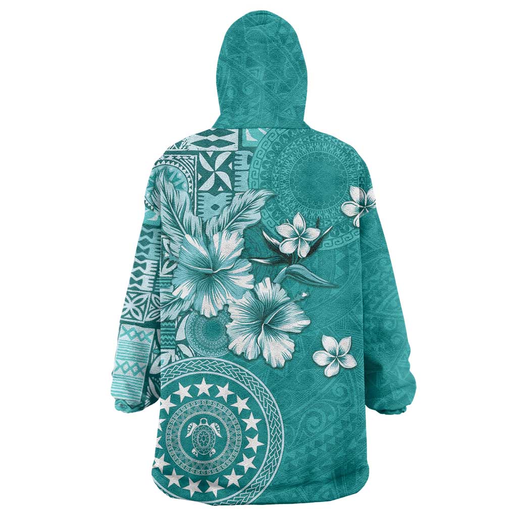 Cook Islands Wearable Blanket Hoodie Teal Hibiscus And Stars LT05 - Polynesian Pride