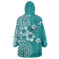 Cook Islands Wearable Blanket Hoodie Teal Hibiscus And Stars LT05 - Polynesian Pride