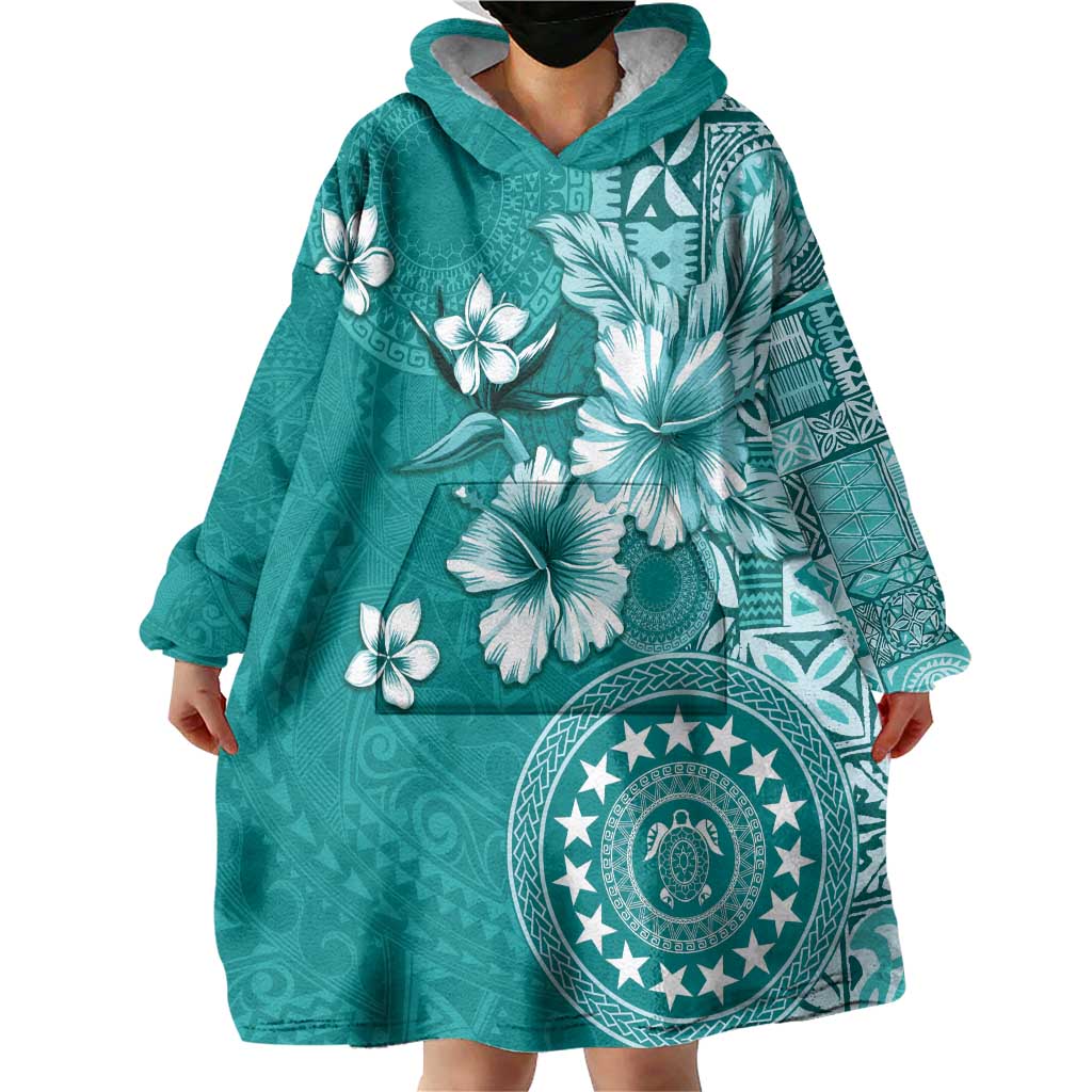 Cook Islands Wearable Blanket Hoodie Teal Hibiscus And Stars LT05 - Polynesian Pride