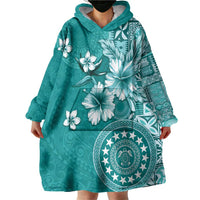 Cook Islands Wearable Blanket Hoodie Teal Hibiscus And Stars LT05 - Polynesian Pride
