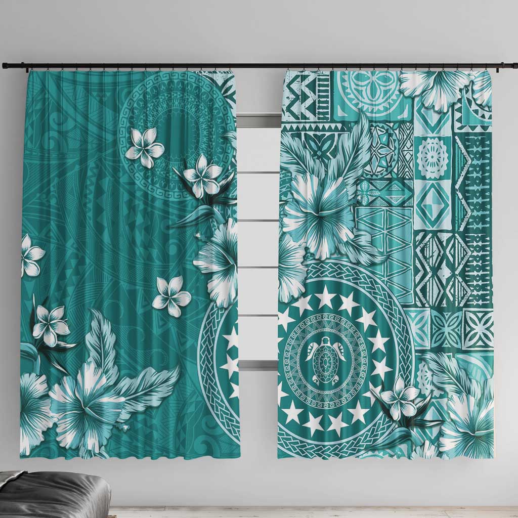 Cook Islands Window Curtain Teal Hibiscus And Stars LT05 With Hooks Teal - Polynesian Pride
