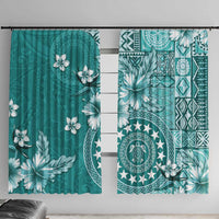 Cook Islands Window Curtain Teal Hibiscus And Stars LT05 With Hooks Teal - Polynesian Pride