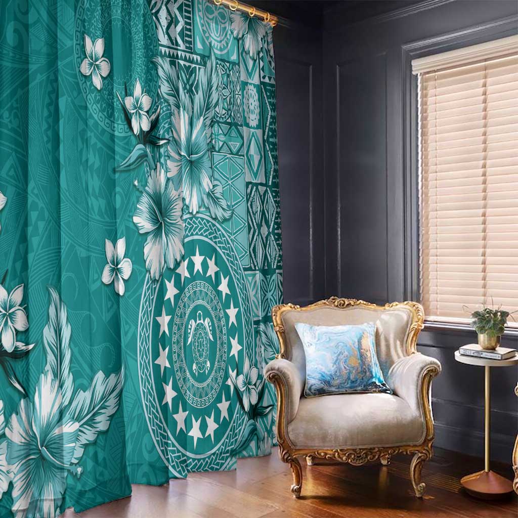 Cook Islands Window Curtain Teal Hibiscus And Stars LT05 - Polynesian Pride