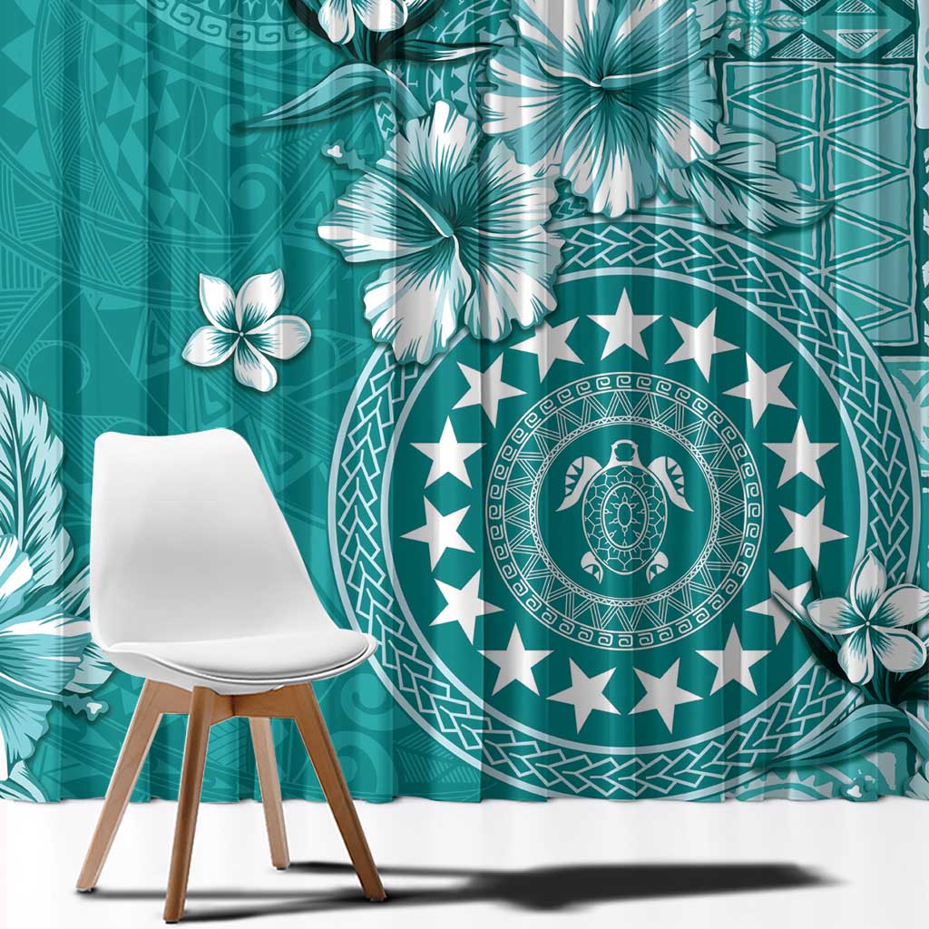 Cook Islands Window Curtain Teal Hibiscus And Stars LT05 - Polynesian Pride