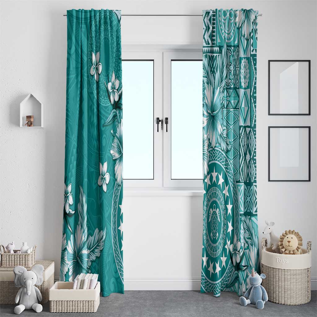 Cook Islands Window Curtain Teal Hibiscus And Stars LT05 - Polynesian Pride